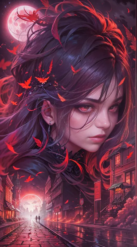 gothic fantasy, close-up portrait, gloomy city street, courage of destiny, wandering lights, wind, lightning, moonlight, ominous red moon, surreal, symmetrical, intricate details, high detail, alcohol ink, Mysterious