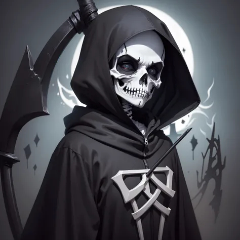 Halloween cartoon, cute skeletal face grim reaper, wearing black dirty torn hood, holding scythe, black smoke Halloween background, 4k quality