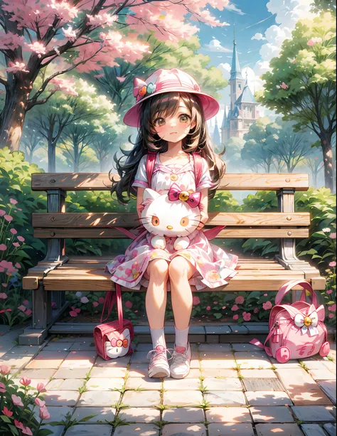 anime girl sitting on a bench in a park with a cherry tree, cute anime girl, ((hello kitty)) hat,portrait of cute anime girl, pretty anime girl, holding cute hello kitty soft toy , and beside a cute ((Hello kitty back pack)),aya takano color style, very be...