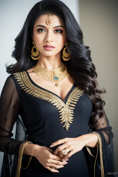 portrait of a confident-looking indian woman princess with long flowing hair, hazel eyes, wearing designer jewelry and black dre...