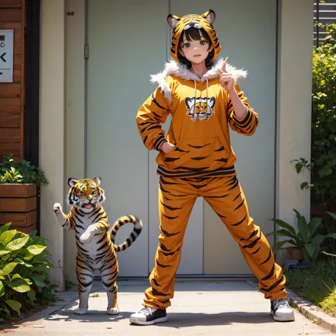 Cute cat, standing, cute, wearing a tiger costume