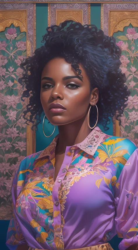 Black female. portrait painting of a beautiful fashionista posing on a runway on a fashion show, lilac orange blue cream and fuchsia bright vivid gradient colors, gorgeous face, edgy hair, shirt with puff sleeves and black lace, belted high waist pants, cu...