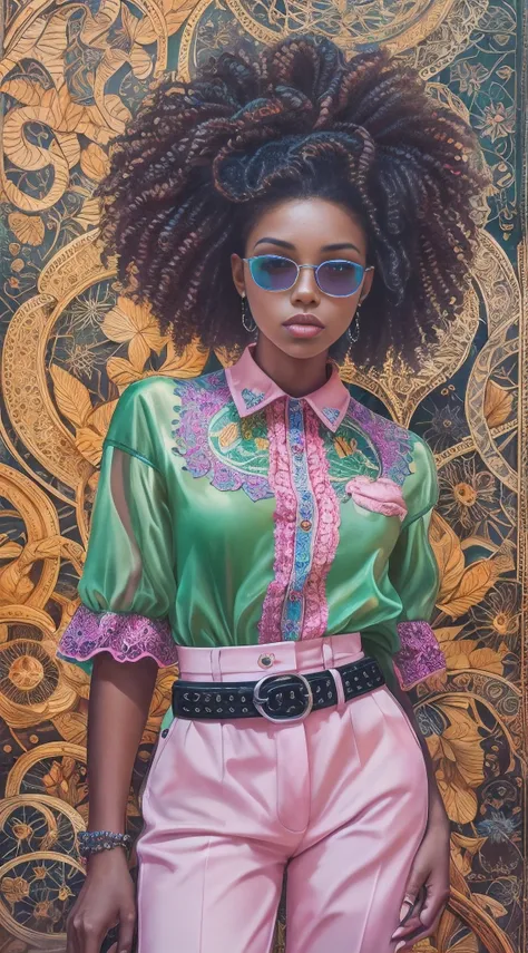 Black female. portrait painting of a beautiful fashionista posing on a runway on a fashion show, lilac orange blue cream and fuchsia bright vivid gradient colors, gorgeous face, edgy hair, shirt with puff sleeves and black lace, belted high waist pants, cu...