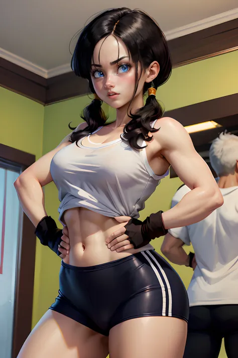 obra maestra, mejor calidad, highres, videl2, solo, ojos azules, cabello negro, twintails, pechos medianos, cowboy shot,entrenam...