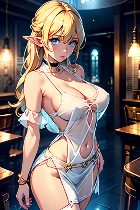 elf, long blonde hair, bangs, blue eyes, see-through, tavern, no bra, off-shoulder, perky boobs, cleavage, white see-through mini dress, standing, under boob, choker, boots, night time, no sleeves, wide hips, detailed hands, sexy, see-through top, transpar...