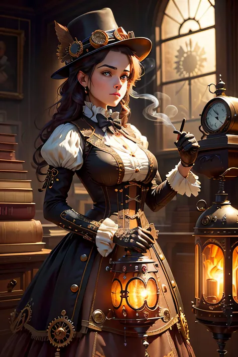 Engrenagens Steampunk: The main focus of the image is the steampunk gears. Elas devem ser representadas com detalhes intricados, with an aged appearance, metallic tones and stylized ornaments. Sinta-se livre para experimentar com diferentes tamanhos, forma...