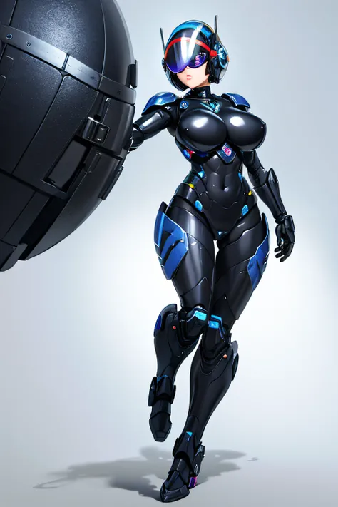 Arafe Female Robocop、Big breasts about to burst、full body armored、Rainbow Armor、Helmet with visor to cover the eye area、Pose ready to fight