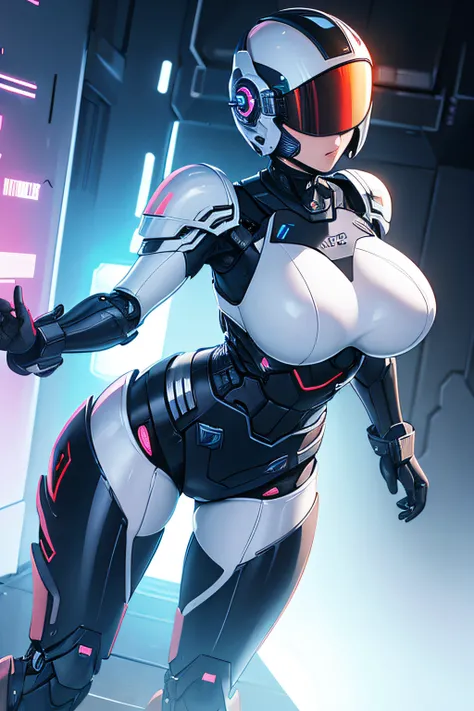 Arafe Female Robocop、Big breasts about to burst、full body armored、Rainbow Armor、Helmet with visor to cover the eye area、Pose ready to fight