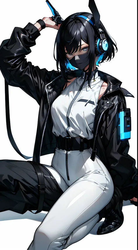 ulzzang-6500, (realistic: 1.3) (original: 1.2), masterpiece, best quality, beautiful clean face, fullbody, 1woman, (wearing black and white and cobalt scifi techmask and headphones with complex electronics), wearing black techwear jacket and trousers with ...