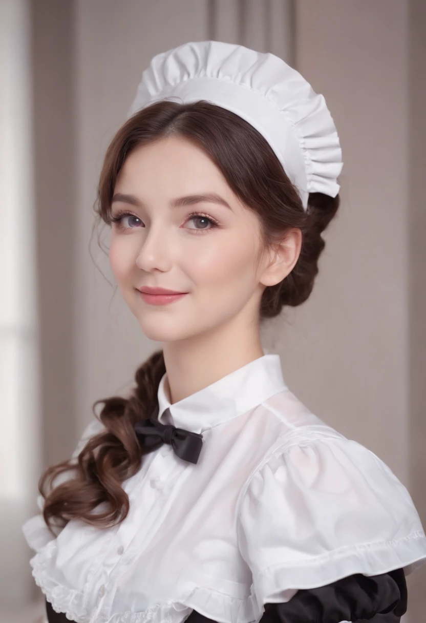 ((Beautiful Maid:1.5),high resolution, Top quality),wearing maid uniform,Soft hands, Big bright eyes, Dark and vibrant curls, Sweet smile, rosycheeks, Soft light, Pure white background.