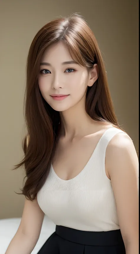 ((top-quality、4K、​masterpiece))、Beautiful Women in Perfect Figure、32years old、lightbrown hair、Hair on the shoulder line、 White blouse、Black tight skirt、sitting on、The whole body is shown、big breasts thin waist、Smaller chest、beautiful decollete、Happy face、w...