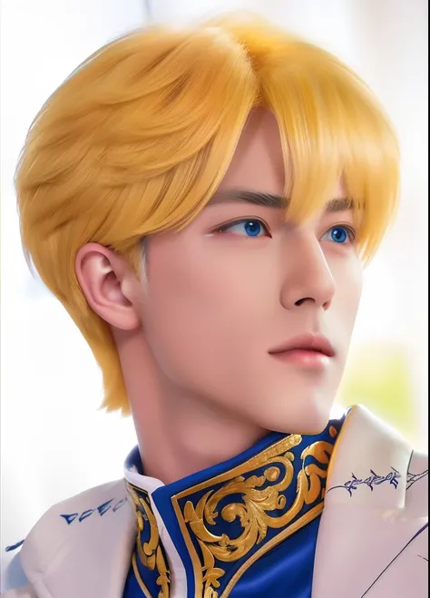 1boy, Claude de alger obelia, manhwa, yellow hair, jewel blue eyes, realistic, ultra detail, 70mm lens, handsome