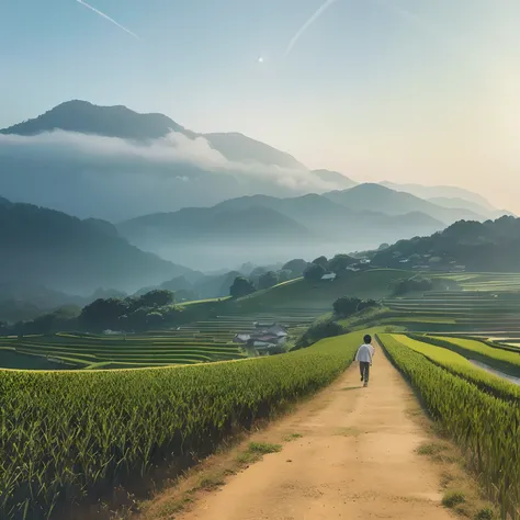 countryside、Walking alone on a ridge road in a rice field、Looking up at the night sky, the sky is full of stars、shoun、aquarelle, fog in background