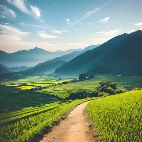 countryside、Walking alone on a ridge road in a rice field、Looking up at the night sky, the sky is full of stars、shoun、aquarelle, fog in background