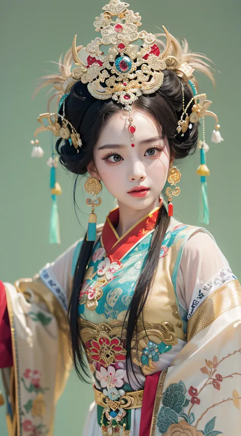 (High-res, 4K, Masterpiece:1.2),Ultra-detailed,(Realistic,photo-realistic:1.37),Traditional Chinese opera,Lady,Close-up shot,Exquisite makeup,vibrant clothing,captivating expression,Colorful headdress,Detailed Embroidery,exquisitefacialfeatures,beautiful e...