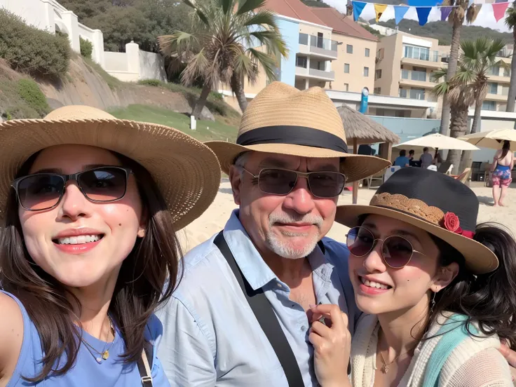 Hay tres personas posando para una foto en la playa, Foto de vacaciones, Llevar un sombrero de viaje, por Lee Loughridge, cerca de la playa, Foto tomada en 2 0 2 0, foto de perfil, con gafas de sol y un sombrero, por Bernie DAndrea, Imagen de perfil, De pi...