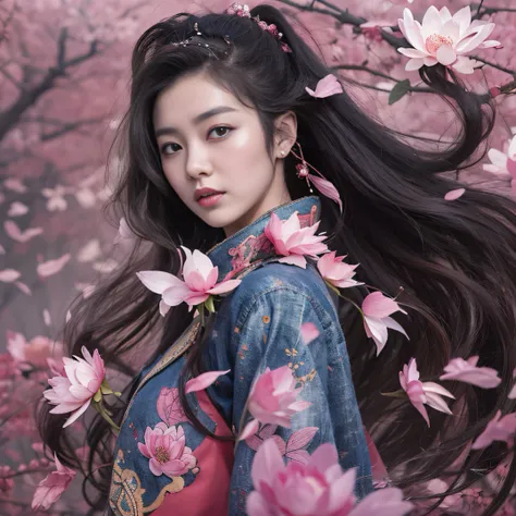 32K（tmasterpiece，k hd，hyper HD，32K）Long flowing black hair，ponds，zydink， a color， Aozhou people （Concubine girl）， （Silk scarf）， Combat posture， looking at the ground， long whitr hair， Floating hair， Carp pattern headdress， Chinese long-sleeved clothing， （a...