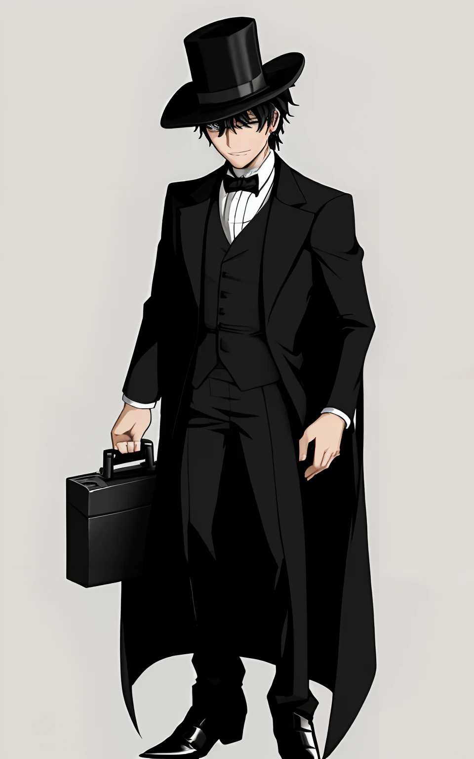 there is a cartoon of a man in a suit and hat holding a briefcase, roblox avatar, black stetson and coat, he is wearing a top hat, wearing a black noble suit, ((wearing aristocrat robe)), dark suit, wearing black old dress and hat, wearing black dress and ...