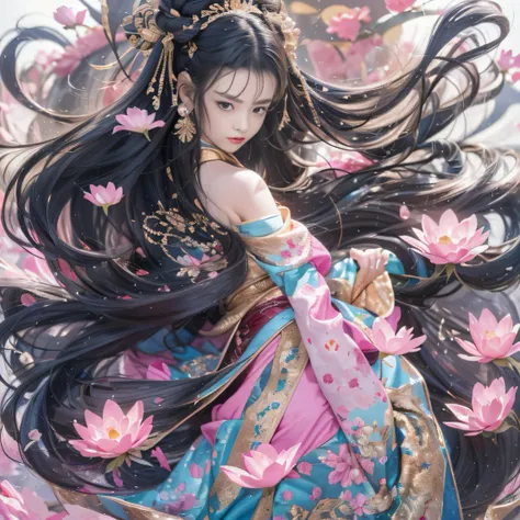 32K（tmasterpiece，k hd，hyper HD，32K）Long flowing black hair，ponds，zydink， a color， Aozhou people （Concubine girl）， （Silk scarf）， Combat posture， looking at the ground， long whitr hair， Floating hair， Carp pattern headdress， Chinese long-sleeved clothing， （a...