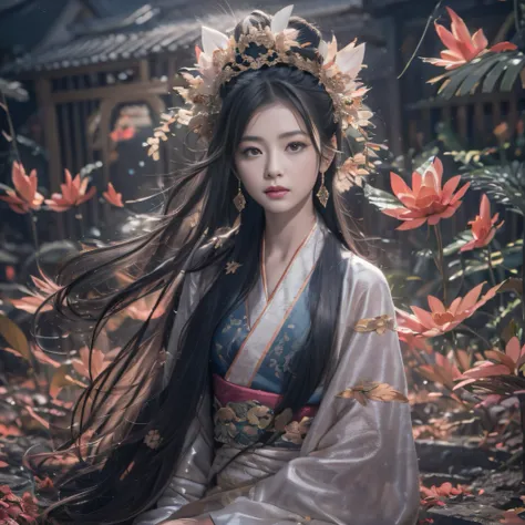 32K（tmasterpiece，k hd，hyper HD，32K）Long flowing black hair，ponds，zydink， a color， Aozhou people （Concubine girl）， （Silk scarf）， Combat posture， looking at the ground， long whitr hair， Floating hair， Carp pattern headdress， Chinese long-sleeved clothing， （a...