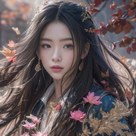 32K（tmasterpiece，k hd，hyper HD，32K）Long flowing black hair，ponds，zydink， a color， Aozhou people （Concubine girl）， （Silk scarf）， Combat posture， looking at the ground， long whitr hair， Floating hair， Carp pattern headdress， Chinese long-sleeved clothing， （a...