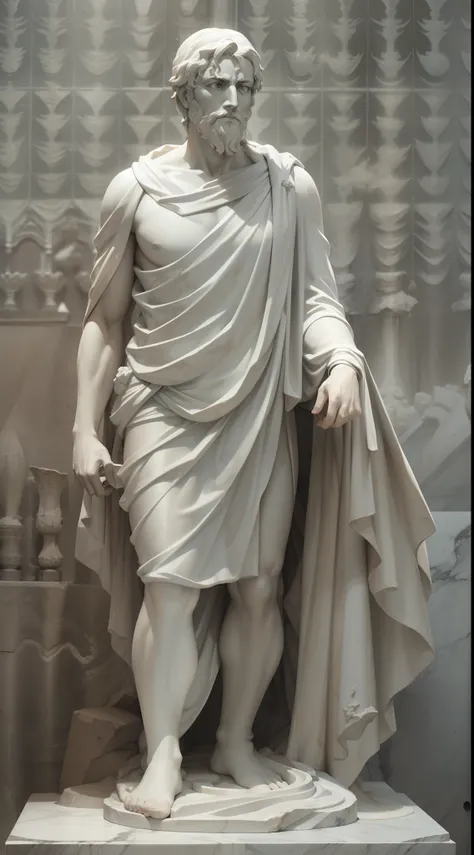 A realistic Greek white marble statue of Marcus Seneca carefully detailed wearing a ghostly toga, fundo neutro, Moody, , fotorrealista, Jantar de cinema atencioso, super detalhada, Hiper realista, luzes brilhantes, 8 mil