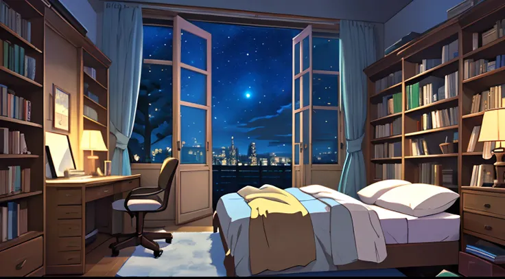 Messy room, bed in the center of the room, books in bookcase, comfort, night view, starry sky, moonlight, large windows, cozy landscape anime style, anime, Ghibli colors, HD, high quality, high detail, super detail, masterpiece