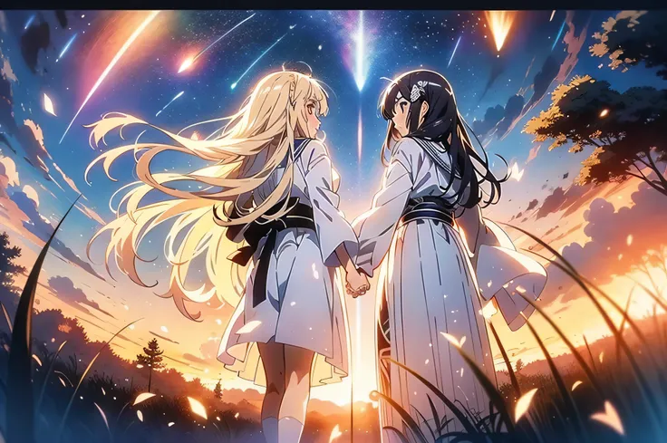 in 8K、top-quality、​masterpiece、ultra-detailliert、Ultra-high resolution、(((Anime style)))、Women: 2、robe blanche、a blond、Night sky on background、comets、Holding hands and facing each other、closing eye、doa