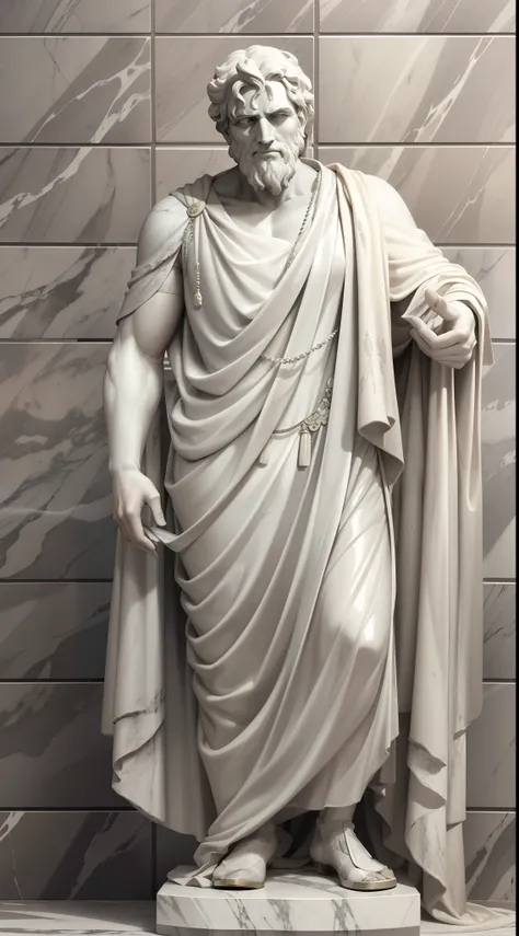 A realistic Greek white marble statue of Marcus Seneca carefully detailed wearing a ghostly toga, fundo neutro, Moody, , fotorrealista, Jantar de cinema atencioso, super detalhada, Hiper realista, luzes brilhantes, 8 mil