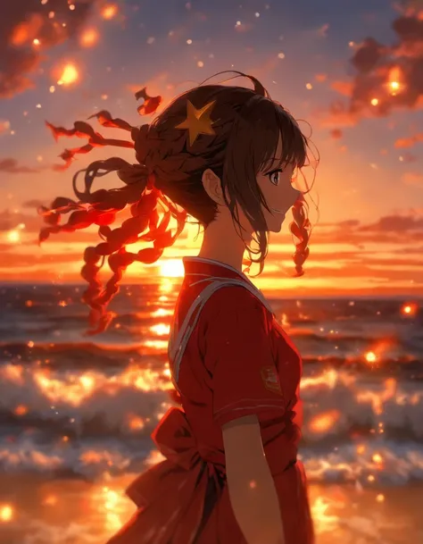 1girl, solo,smile, beach,(sunset:1.1),  akagi_rin(denchi-project), solo,  star hair ornament, twin braids,sparkle, from behind, looking back, huge sunset,red floating, uniform, night, waving, sea