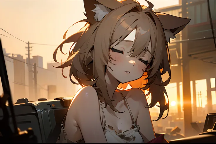 ((Masterpiece)), 8K, cinematic lighting, very messy hair,(portrait, narrow lane, sunset), (exposed breast, tattered and torn dirty oversized white-camisole, Slender small breasts, close eyes, parted lips), slum townscape, Textured skin, cat ears, pale brow...