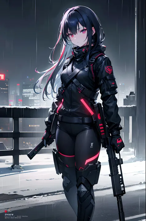 1girls,ninja outfit,assault rifle,solo,night city,neon lights,raining,gasmask,blue and red eyes,long hair,cinematic action,(best quality,4k,8k,highres,masterpiece:1.2),ultra-detailed,(realistic,photorealistic,photo-realistic:1.37),HDR,UHD,studio lighting,p...