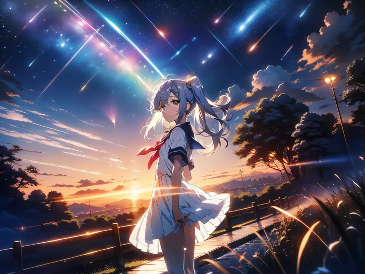 in 8K、top-quality、​masterpiece、ultra-detailliert、Ultra-high resolution、(((Anime style)))、1 schoolgirl、poneyTail、校服、Night sky on background、comets、Wish on a shooting star