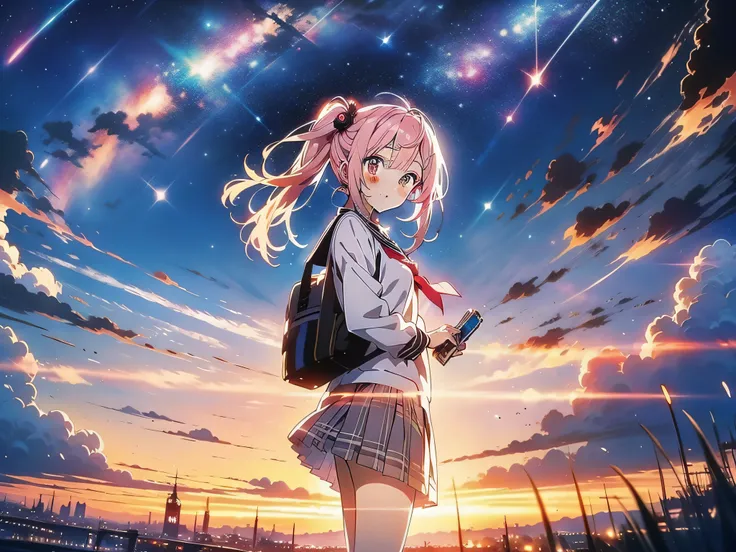 in 8K、top-quality、​masterpiece、ultra-detailliert、Ultra-high resolution、(((Anime style)))、1 schoolgirl、poneyTail、校服、Night sky on background、milkyway