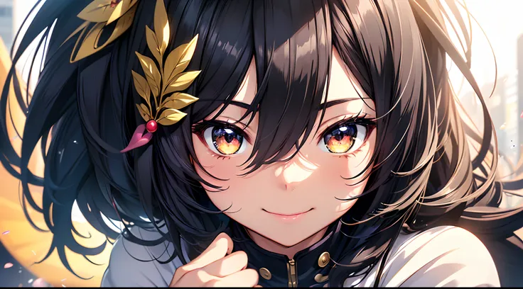 (best quality, ultra-detailed, realistic:1.37), cute anime women, cute smile, black eyes, black hair, detailed facial features, adorable expressions, vibrant colors, soft lighting, anime style, joyful atmosphere, lively background, kawaii characters, playf...