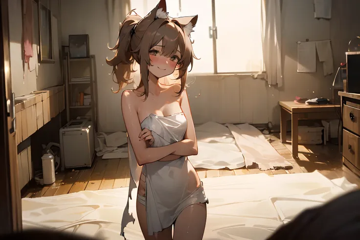 ((Masterpiece)), 8K, from behind, glowing light, very messy hair,( bedroom at night, walking), (exposed breast, tattered and torn wet towel, Cover yourself with a large towel. Slender small breasts, blush and smile face), slum, Textured skin, cat ears, pal...