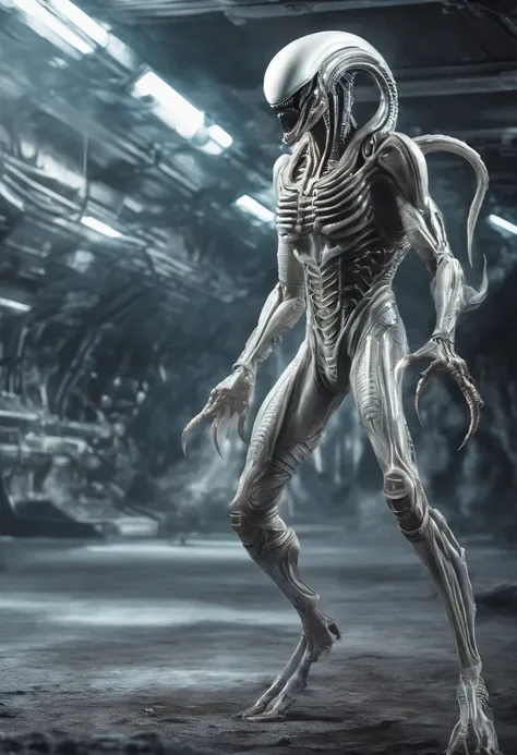 Xenomorph，White armor，Full body photo，high - tech，Laser laser，Delicate picture