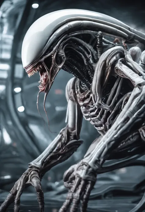 Xenomorph，White armor，fully body pose，Sharp teeth，high - tech，Laser laser，Delicate picture