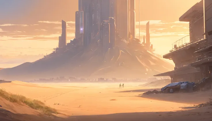 Dune concept art，Clean and neat tones，Sci-fi base scene，Huge scene，Square-shaped complex，Soviet aesthetic architecture，huge buildings，There are many ships in the air，Size contrast，crowd of，Soldiers versus soldiers，Big scenes of war，smog，epic concept art，Fi...