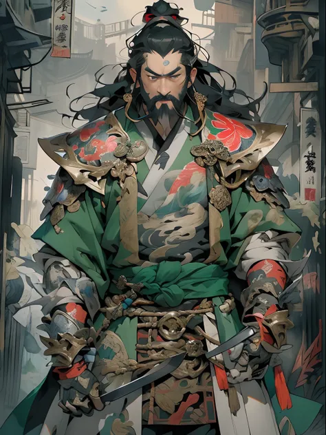 (((China-style，Ink painting method，Half-length portrait，Intense color，Han dynasty, China，Hanfu，Armor，Guan yu，Guan Yunchang，of a guy，Ruddy killing square face，Hold the Blue Dragon Moon Knife in his right hand，Stroke your beard with your left hand，Long hair，...