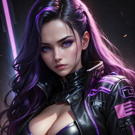 ((masterpiece)), ((realistic)), single portrait of a beautiful woman wearing a black military jacket, deep cleavage, long wavy black hair with purple and blue neon highlights and lighting, detailed sensual face, plain black background, purple and blue neon...