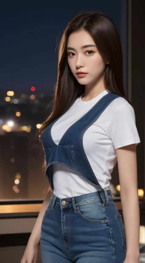 ((midnight, best quality, 8k, masterpiece :1.3)), full body, long legs, sharp focus :1.2, a beautiful woman with perfect figure :1.4, slender abs :1.1, ((dark brown hair, medium breasts :1.2)), (white skinny t-shirt, denim bib, standing: 1.2), (night view,...