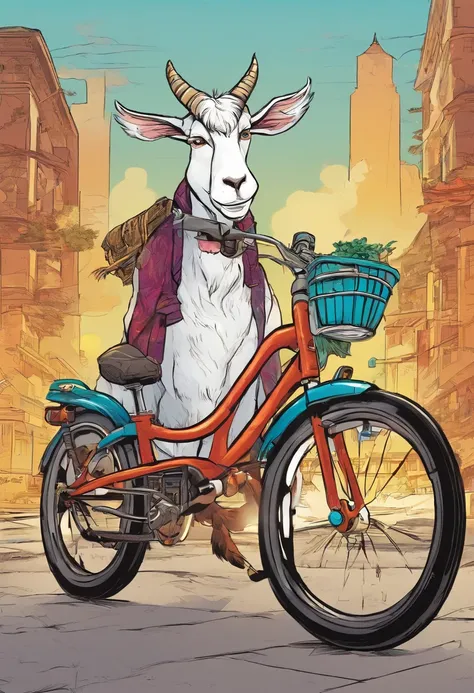 a goat and a horse on a bike