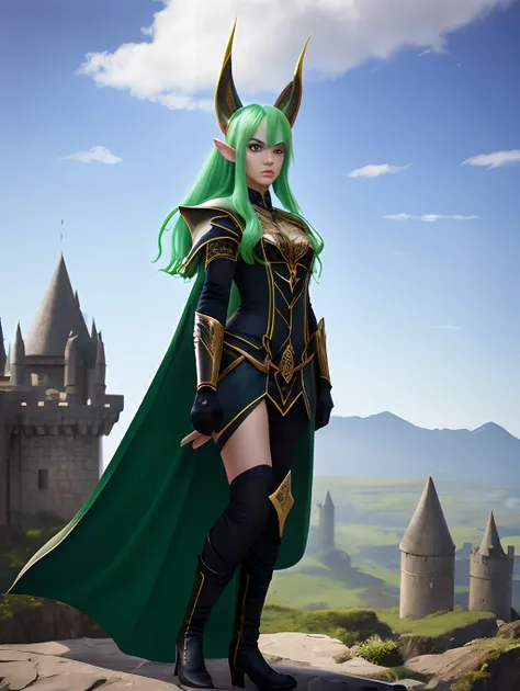 A high elf woman with green hair, full body, high angle, Wizard, gloomy castle，solid color backdrop，clean backdrop，depth of fields，high light，Real light，Ray traching，OC renderer，UE5 renderer，Hyper-realistic，best qualtiy，8K，Works of masters，super-fine，Detai...