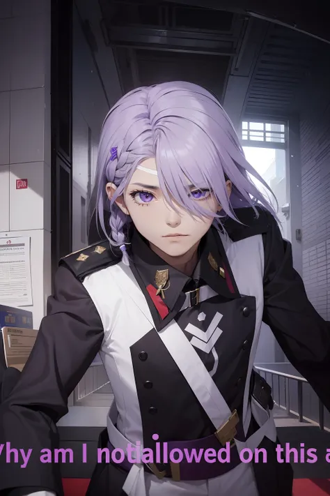 A-Dry is tall, Has sharp purple eyes、Young man with lilac-gray hair. His left eye is obscured by his hair bangs、The hair on the other side is braided from a bob. His left eye was wounded by a gunshot.、was covered with bandages. When his left eye was not ba...