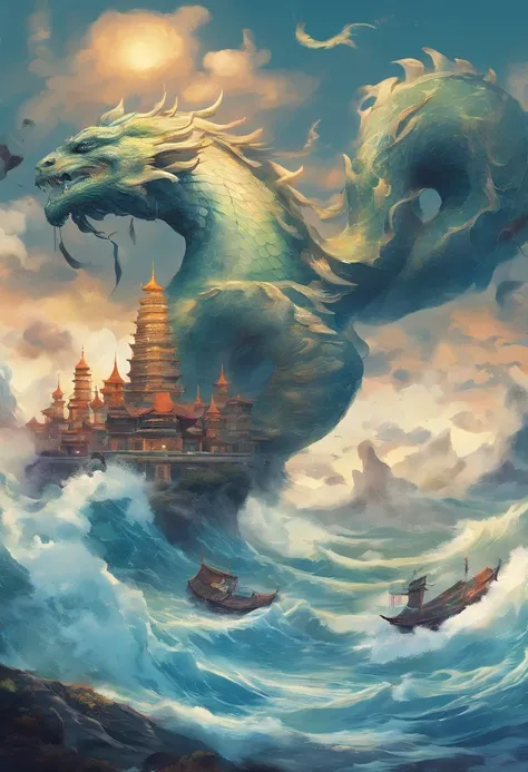 China-style，Chinese mythology，Dragon turtle，Longhorn faucet，Turtle body，Heavy tortoiseshell shell，The tail of the snake grows out，has horns on its head，tosen，Ferocious，gargantuan，The eyes glow blue light，the sea，Huge waves，surrounded by cloud，中景 the scene ...