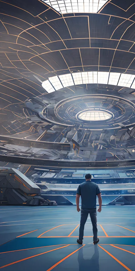 A man standing on the center of futuristic spaceship hangar, realistic, detailed, hd, cinematic, --auto --s2