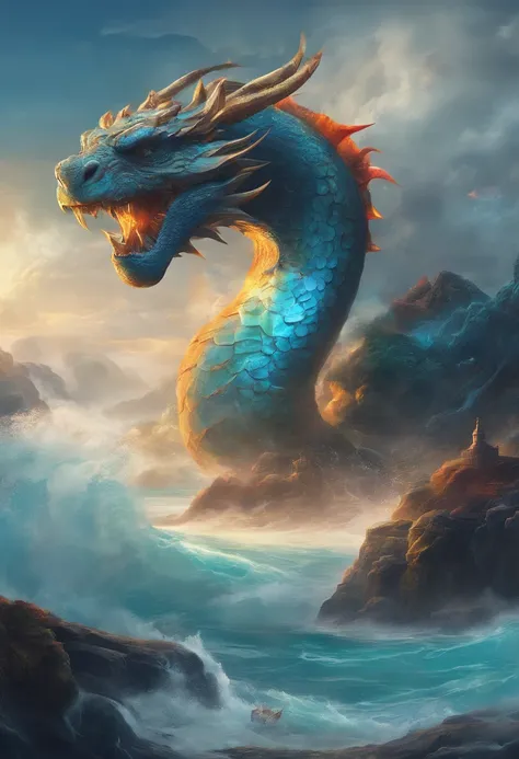 China-style，Chinese mythology，Dragon turtle，Longhorn faucet，Turtle body，Heavy tortoiseshell shell，The tail of the snake grows out，has horns on its head，tosen，Ferocious，gargantuan，The eyes glow blue light，the sea，Huge waves，surrounded by cloud，中景 the scene ...