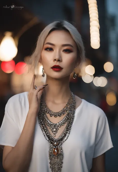 Beautuful Women、japanes、30-years old、yellow  hair、Black clothe、Sharp eyes、Grumpy face、slightly open mouth、natta、In the street、neons、Bokeh background、Woman in the center、tall、Silver Necklace、silver earing、One hand is raised、thin makeup、short-hair、Only black...