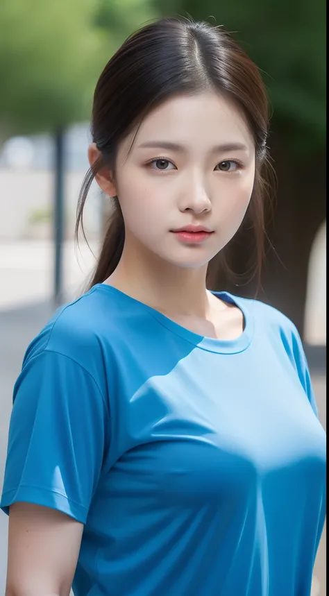 realistic photos of 1 cute Korean star, hair pulled back, white skin, thin makeup, 32 inch breasts size, wearing blue camouflage t-shirt, in front of the church, upper body portrait, dithering, UHD